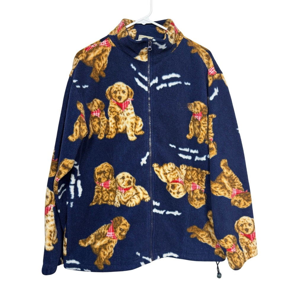 Northern Reflections Women Fleece Jacket M Blue Puppy Dog Print Full Zip Vintage